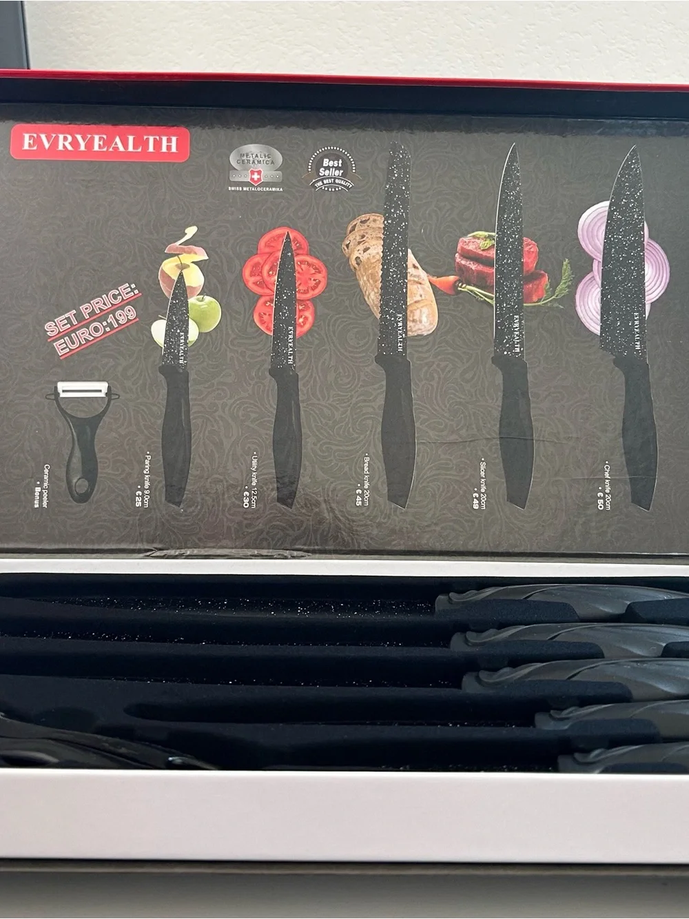 Brand New ~ Black Speckled 6-Piece Knife Set ~ Metallic Ceramic ~ Swiss Made